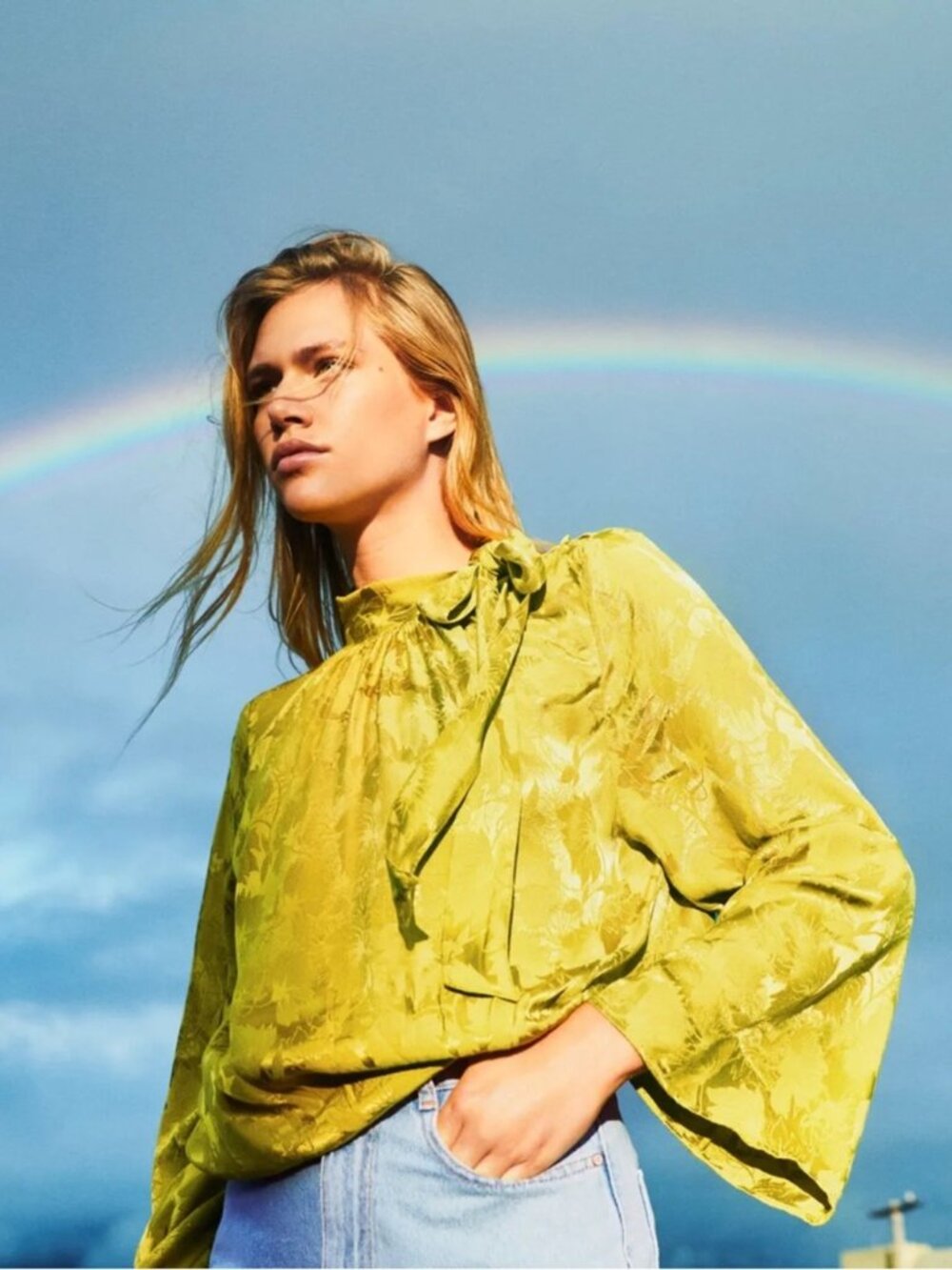 Zara / Satin Effect Jacquard Blouse / Chartreuse / Sz L
